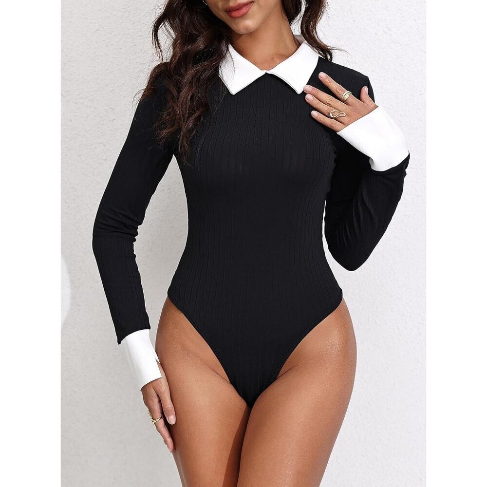 Women Colorblock Rib Knit Long Sleeve Bodysuit Slim Fit for Casual or Work - Picture 3 of 6